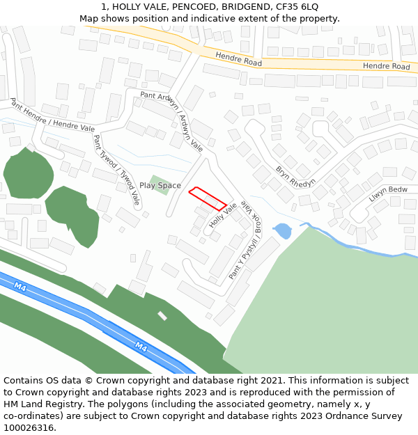 1, HOLLY VALE, PENCOED, BRIDGEND, CF35 6LQ: Location map and indicative extent of plot