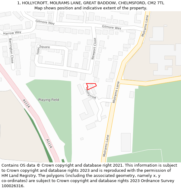 1, HOLLYCROFT, MOLRAMS LANE, GREAT BADDOW, CHELMSFORD, CM2 7TL: Location map and indicative extent of plot