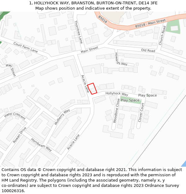 1, HOLLYHOCK WAY, BRANSTON, BURTON-ON-TRENT, DE14 3FE: Location map and indicative extent of plot