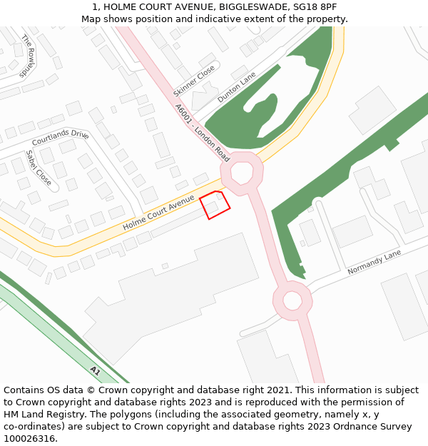 1, HOLME COURT AVENUE, BIGGLESWADE, SG18 8PF: Location map and indicative extent of plot