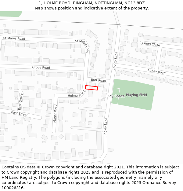 1, HOLME ROAD, BINGHAM, NOTTINGHAM, NG13 8DZ: Location map and indicative extent of plot