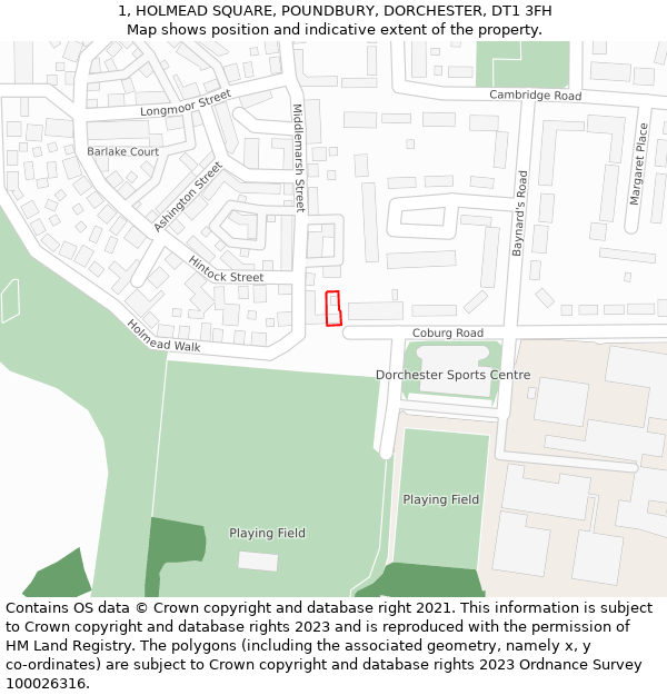1, HOLMEAD SQUARE, POUNDBURY, DORCHESTER, DT1 3FH: Location map and indicative extent of plot