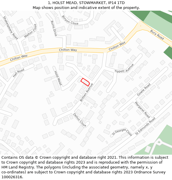 1, HOLST MEAD, STOWMARKET, IP14 1TD: Location map and indicative extent of plot