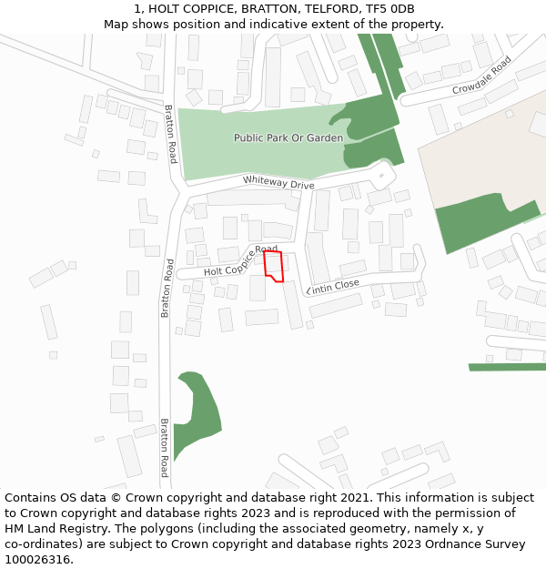 1, HOLT COPPICE, BRATTON, TELFORD, TF5 0DB: Location map and indicative extent of plot