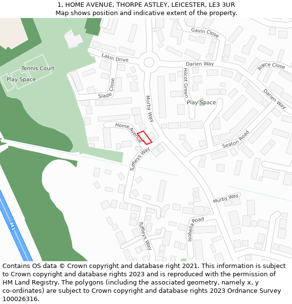 1, HOME AVENUE, THORPE ASTLEY, LEICESTER, LE3 3UR: Location map and indicative extent of plot