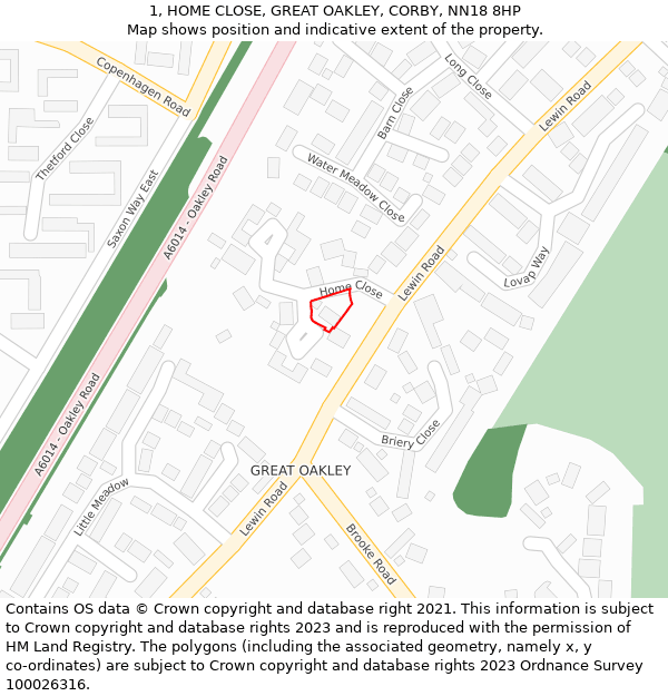 1, HOME CLOSE, GREAT OAKLEY, CORBY, NN18 8HP: Location map and indicative extent of plot