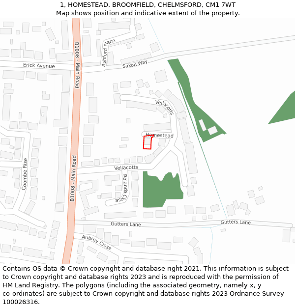 1, HOMESTEAD, BROOMFIELD, CHELMSFORD, CM1 7WT: Location map and indicative extent of plot