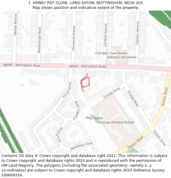 1, HONEY POT CLOSE, LONG EATON, NOTTINGHAM, NG10 2GS: Location map and indicative extent of plot