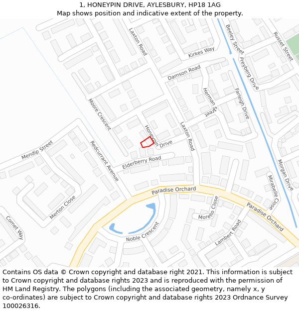 1, HONEYPIN DRIVE, AYLESBURY, HP18 1AG: Location map and indicative extent of plot