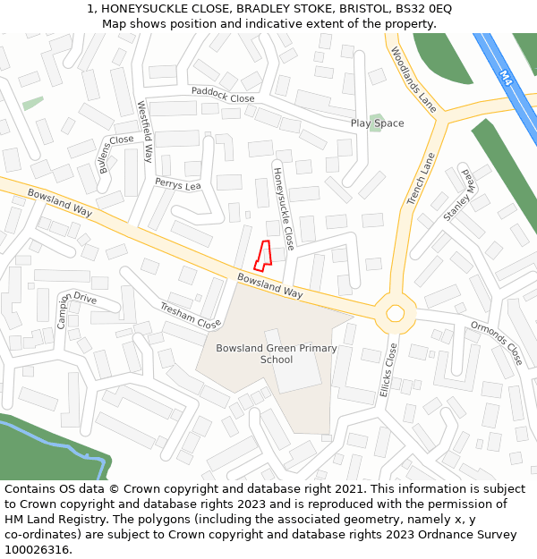 1, HONEYSUCKLE CLOSE, BRADLEY STOKE, BRISTOL, BS32 0EQ: Location map and indicative extent of plot