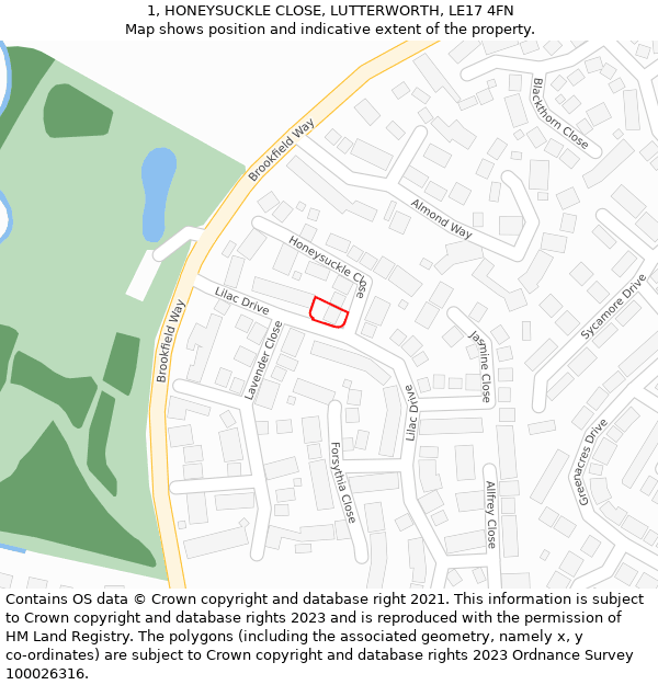 1, HONEYSUCKLE CLOSE, LUTTERWORTH, LE17 4FN: Location map and indicative extent of plot