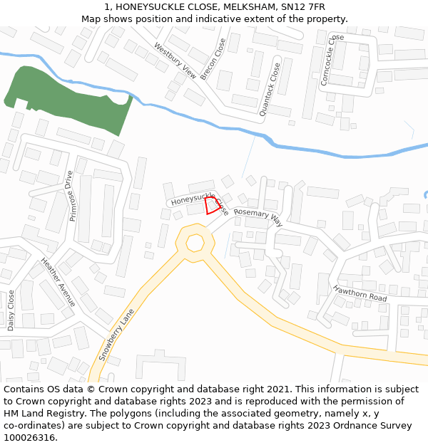 1, HONEYSUCKLE CLOSE, MELKSHAM, SN12 7FR: Location map and indicative extent of plot