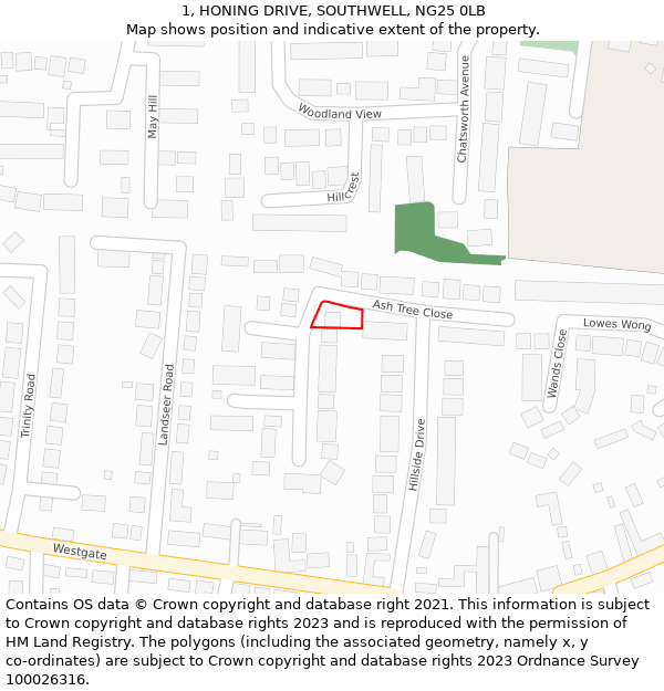 1, HONING DRIVE, SOUTHWELL, NG25 0LB: Location map and indicative extent of plot