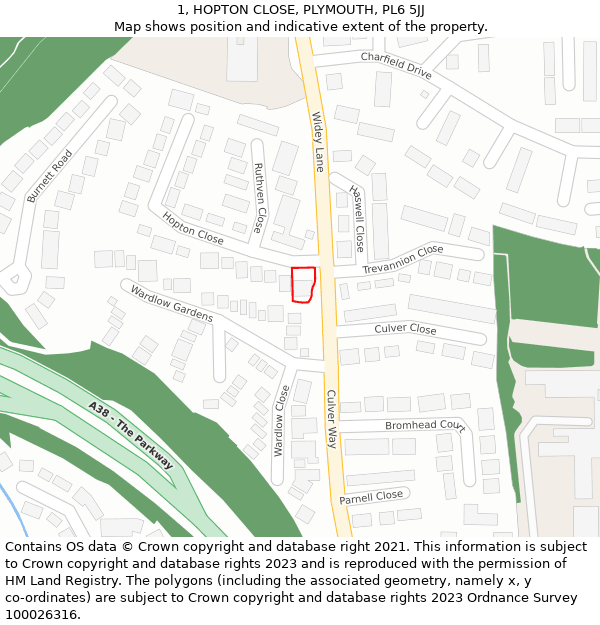 1, HOPTON CLOSE, PLYMOUTH, PL6 5JJ: Location map and indicative extent of plot