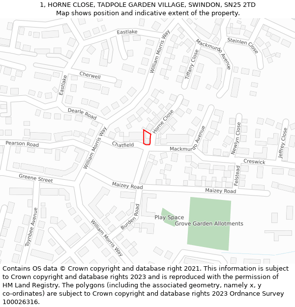 1, HORNE CLOSE, TADPOLE GARDEN VILLAGE, SWINDON, SN25 2TD: Location map and indicative extent of plot