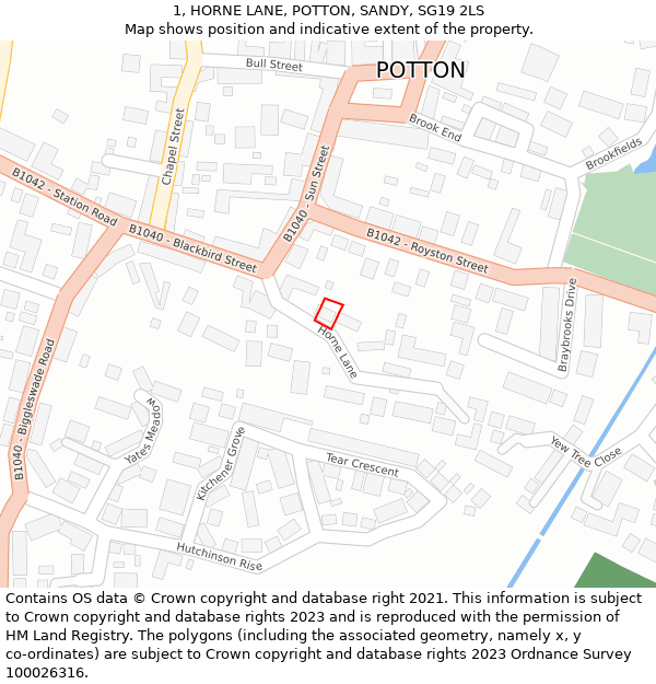 1, HORNE LANE, POTTON, SANDY, SG19 2LS: Location map and indicative extent of plot