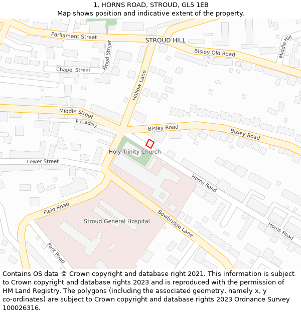 1, HORNS ROAD, STROUD, GL5 1EB: Location map and indicative extent of plot