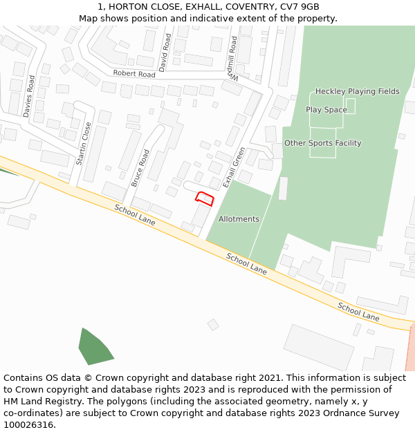 1, HORTON CLOSE, EXHALL, COVENTRY, CV7 9GB: Location map and indicative extent of plot