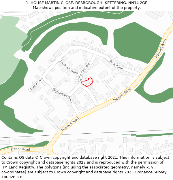 1, HOUSE MARTIN CLOSE, DESBOROUGH, KETTERING, NN14 2GE: Location map and indicative extent of plot