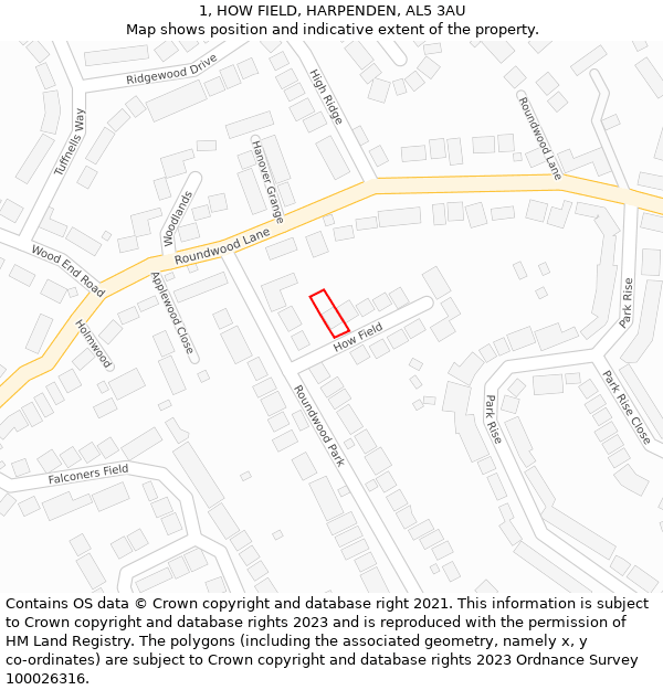 1, HOW FIELD, HARPENDEN, AL5 3AU: Location map and indicative extent of plot