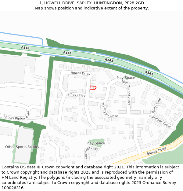 1, HOWELL DRIVE, SAPLEY, HUNTINGDON, PE28 2GD: Location map and indicative extent of plot