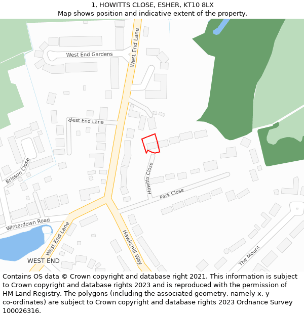 1, HOWITTS CLOSE, ESHER, KT10 8LX: Location map and indicative extent of plot