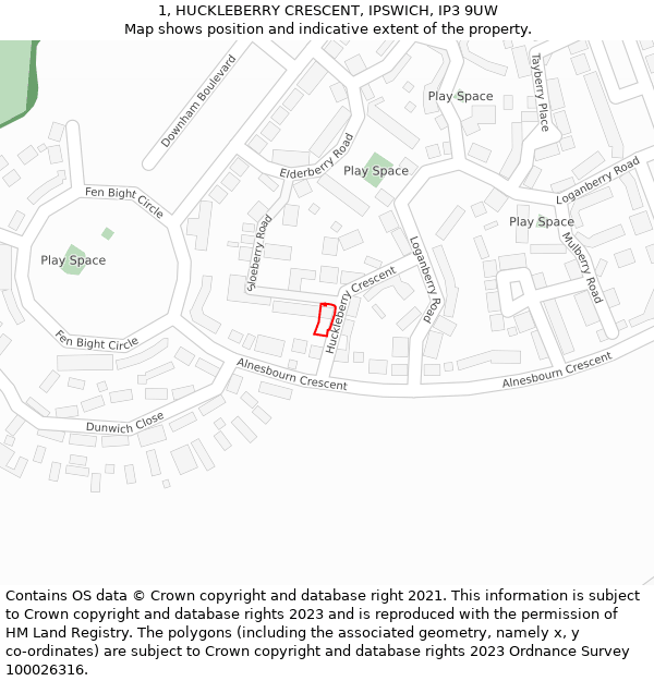 1, HUCKLEBERRY CRESCENT, IPSWICH, IP3 9UW: Location map and indicative extent of plot