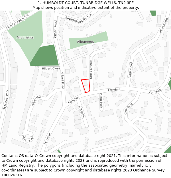 1, HUMBOLDT COURT, TUNBRIDGE WELLS, TN2 3PE: Location map and indicative extent of plot
