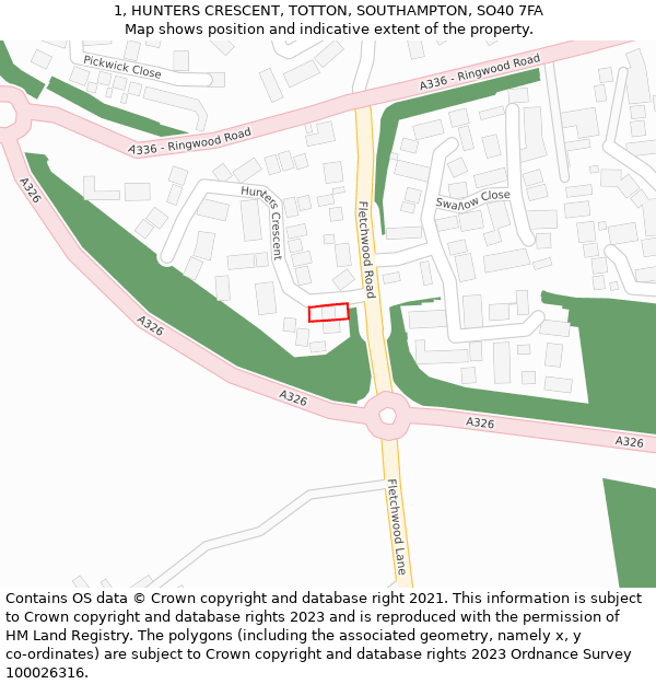 1, HUNTERS CRESCENT, TOTTON, SOUTHAMPTON, SO40 7FA: Location map and indicative extent of plot
