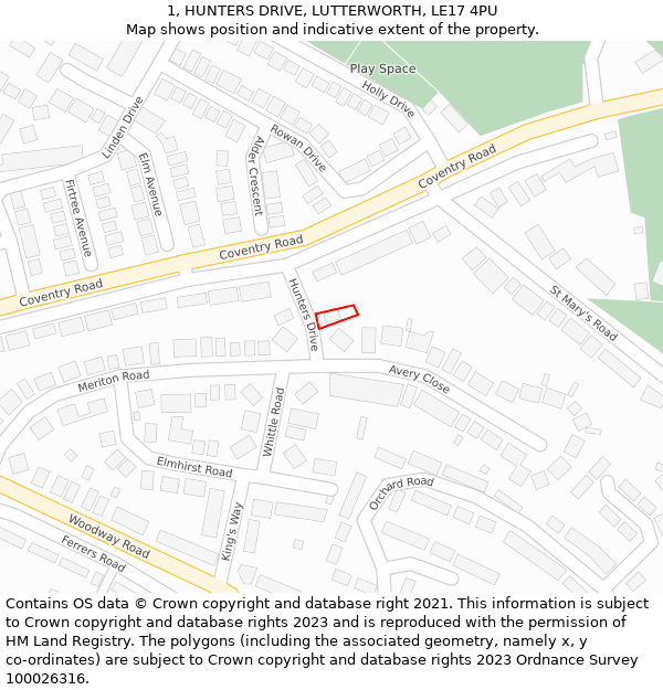 1, HUNTERS DRIVE, LUTTERWORTH, LE17 4PU: Location map and indicative extent of plot