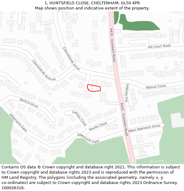 1, HUNTSFIELD CLOSE, CHELTENHAM, GL50 4PR: Location map and indicative extent of plot