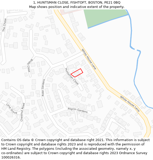 1, HUNTSMAN CLOSE, FISHTOFT, BOSTON, PE21 0BQ: Location map and indicative extent of plot