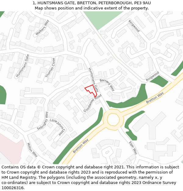 1, HUNTSMANS GATE, BRETTON, PETERBOROUGH, PE3 9AU: Location map and indicative extent of plot