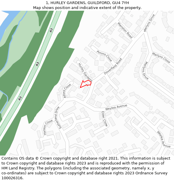 1, HURLEY GARDENS, GUILDFORD, GU4 7YH: Location map and indicative extent of plot