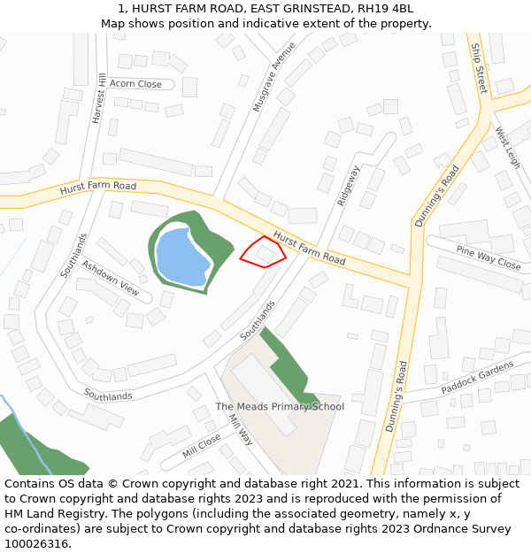 1, HURST FARM ROAD, EAST GRINSTEAD, RH19 4BL: Location map and indicative extent of plot