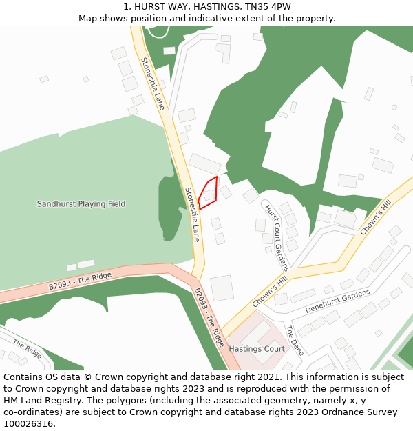 1, HURST WAY, HASTINGS, TN35 4PW: Location map and indicative extent of plot