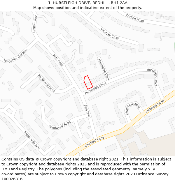 1, HURSTLEIGH DRIVE, REDHILL, RH1 2AA: Location map and indicative extent of plot