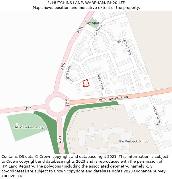 1, HUTCHINS LANE, WAREHAM, BH20 4FF: Location map and indicative extent of plot