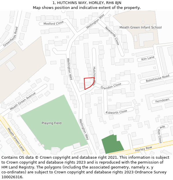 1, HUTCHINS WAY, HORLEY, RH6 8JN: Location map and indicative extent of plot