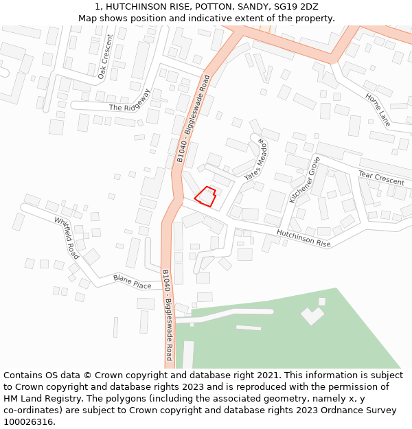 1, HUTCHINSON RISE, POTTON, SANDY, SG19 2DZ: Location map and indicative extent of plot