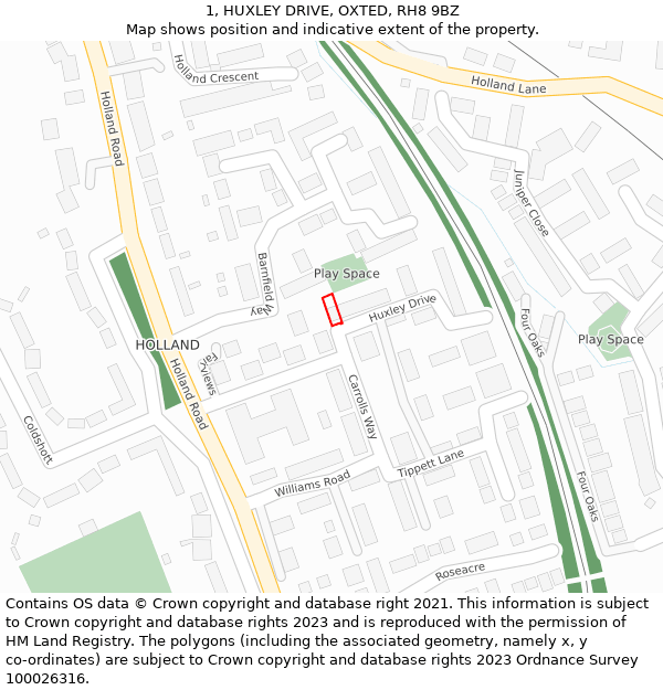 1, HUXLEY DRIVE, OXTED, RH8 9BZ: Location map and indicative extent of plot