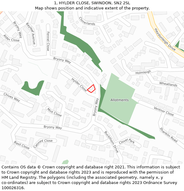 1, HYLDER CLOSE, SWINDON, SN2 2SL: Location map and indicative extent of plot