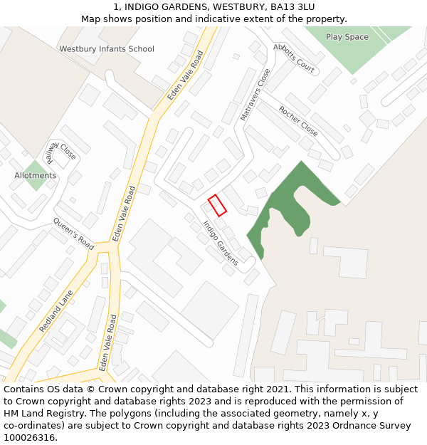 1, INDIGO GARDENS, WESTBURY, BA13 3LU: Location map and indicative extent of plot