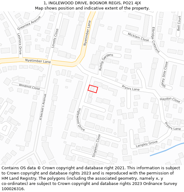 1, INGLEWOOD DRIVE, BOGNOR REGIS, PO21 4JX: Location map and indicative extent of plot