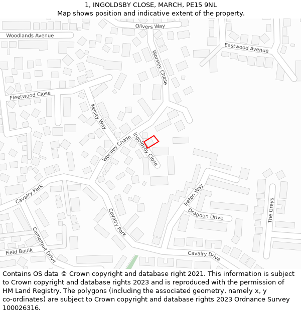 1, INGOLDSBY CLOSE, MARCH, PE15 9NL: Location map and indicative extent of plot