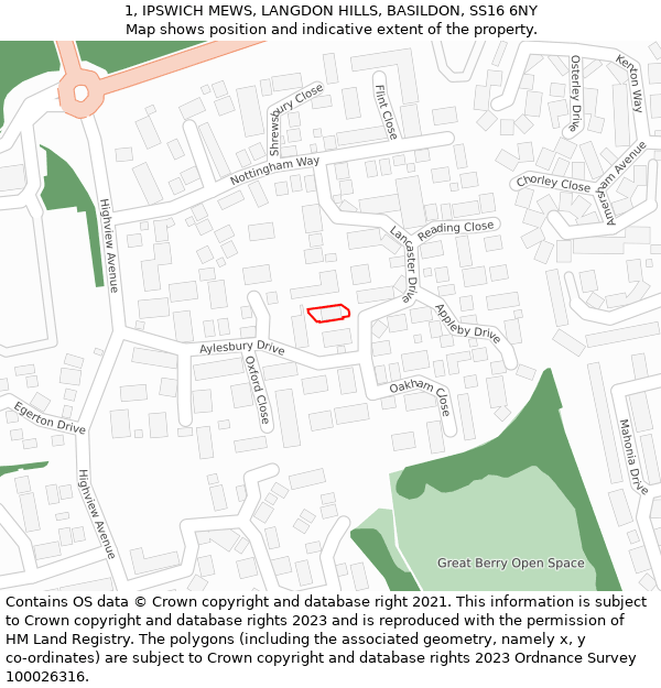1, IPSWICH MEWS, LANGDON HILLS, BASILDON, SS16 6NY: Location map and indicative extent of plot