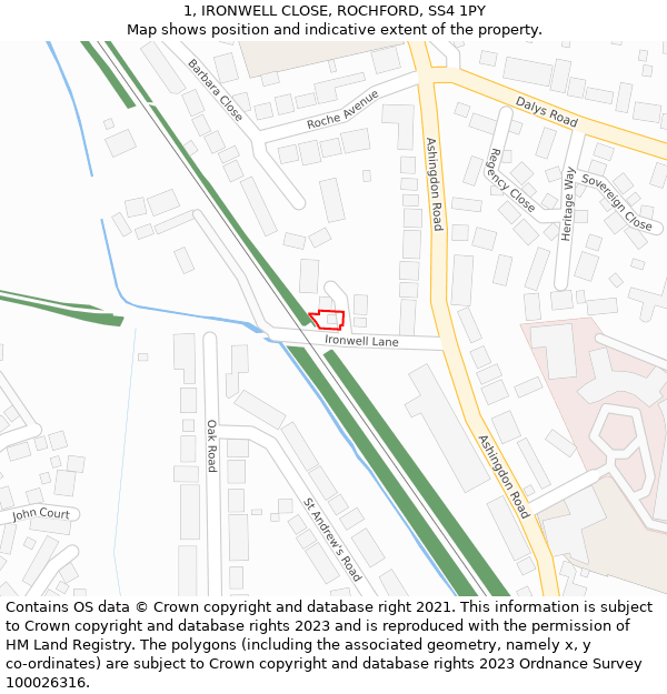 1, IRONWELL CLOSE, ROCHFORD, SS4 1PY: Location map and indicative extent of plot