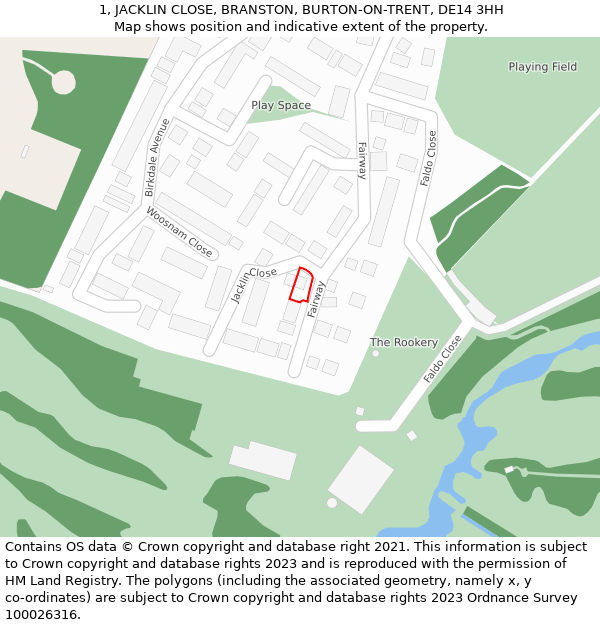 1, JACKLIN CLOSE, BRANSTON, BURTON-ON-TRENT, DE14 3HH: Location map and indicative extent of plot