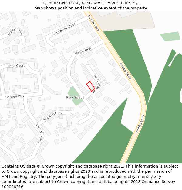 1, JACKSON CLOSE, KESGRAVE, IPSWICH, IP5 2QL: Location map and indicative extent of plot