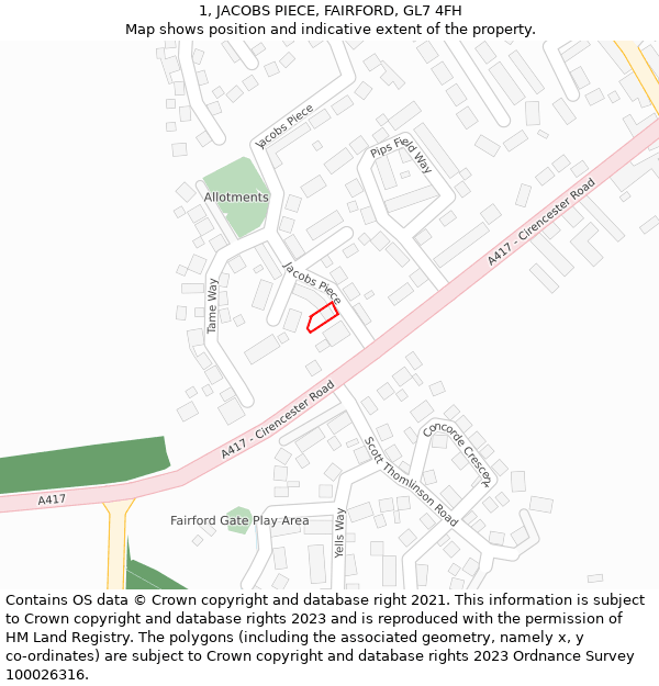 1, JACOBS PIECE, FAIRFORD, GL7 4FH: Location map and indicative extent of plot